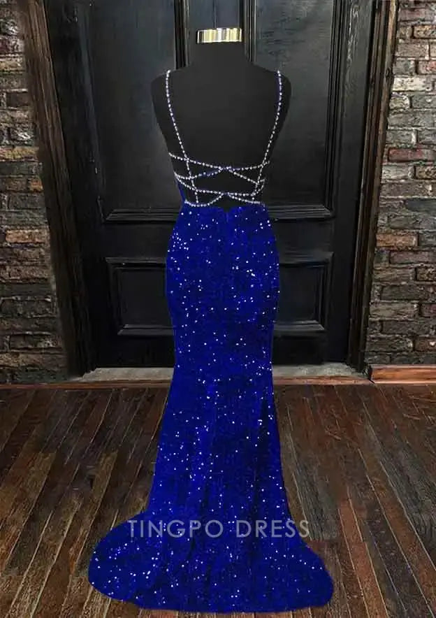 TingPo Wholesale Elegant Trumpet/Mermaid V Neck Sleeveless Sweep Train Velvet Sequins Prom Dress